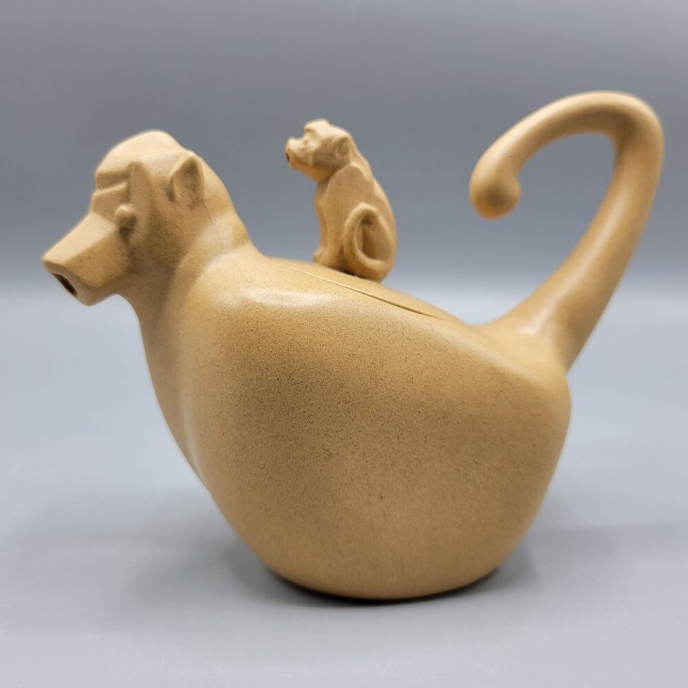 Vintage Chinese Monkey w/ Baby Monkey Shaped Teapot Clay Signed/Stamped